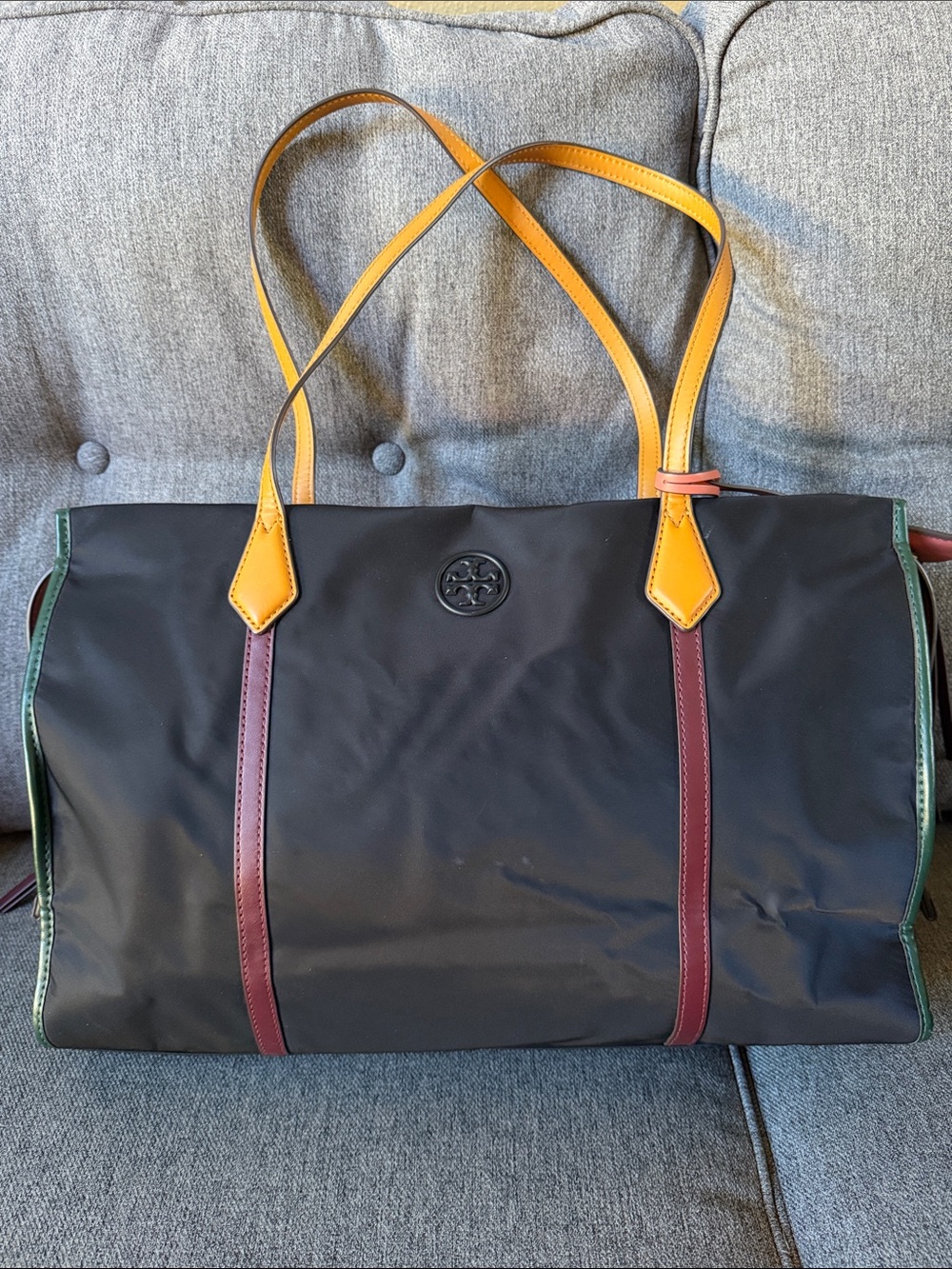 Tory Burch Black Tote with Yellow Handles and Burgundy Trim